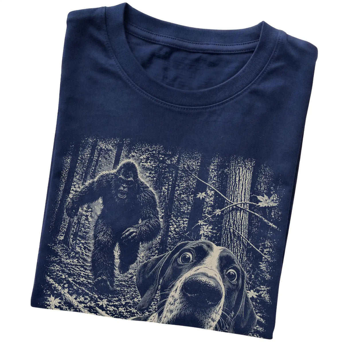 Navy Pointer Bigfoot selfie T-shirt, close-up view