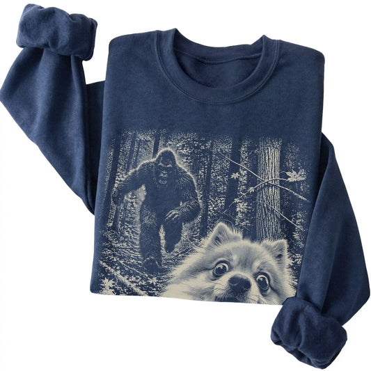 Navy Pomeranian Bigfoot selfie sweatshirt, close-up view