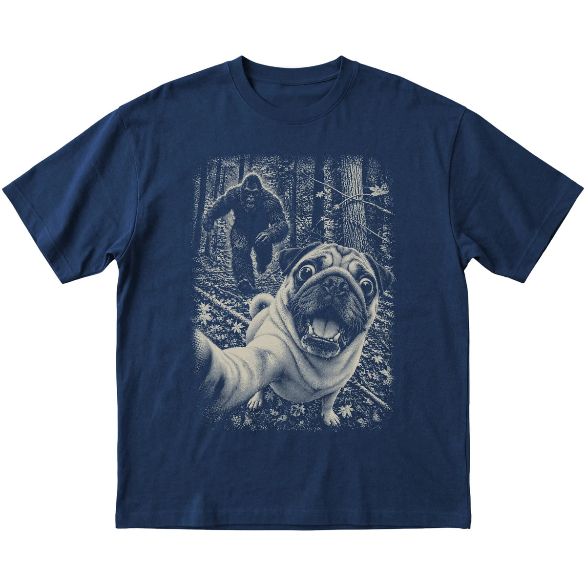 Navy Pug Bigfoot selfie T-shirt, full garment view