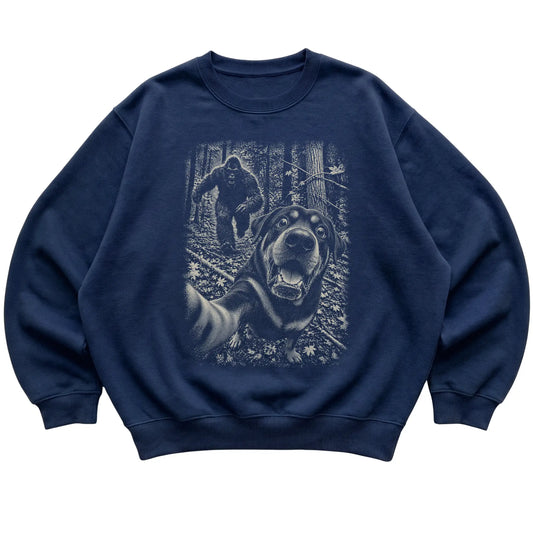 Navy Rottweiler Bigfoot selfie sweatshirt, full garment view