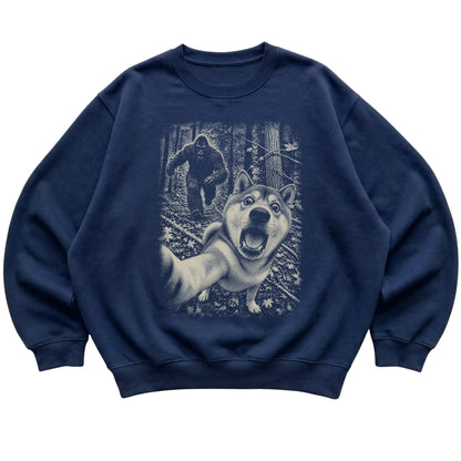 Navy Shiba Inu Bigfoot selfie sweatshirt, full garment view