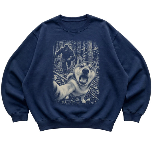 Navy Shiba Inu Bigfoot selfie sweatshirt, full garment view