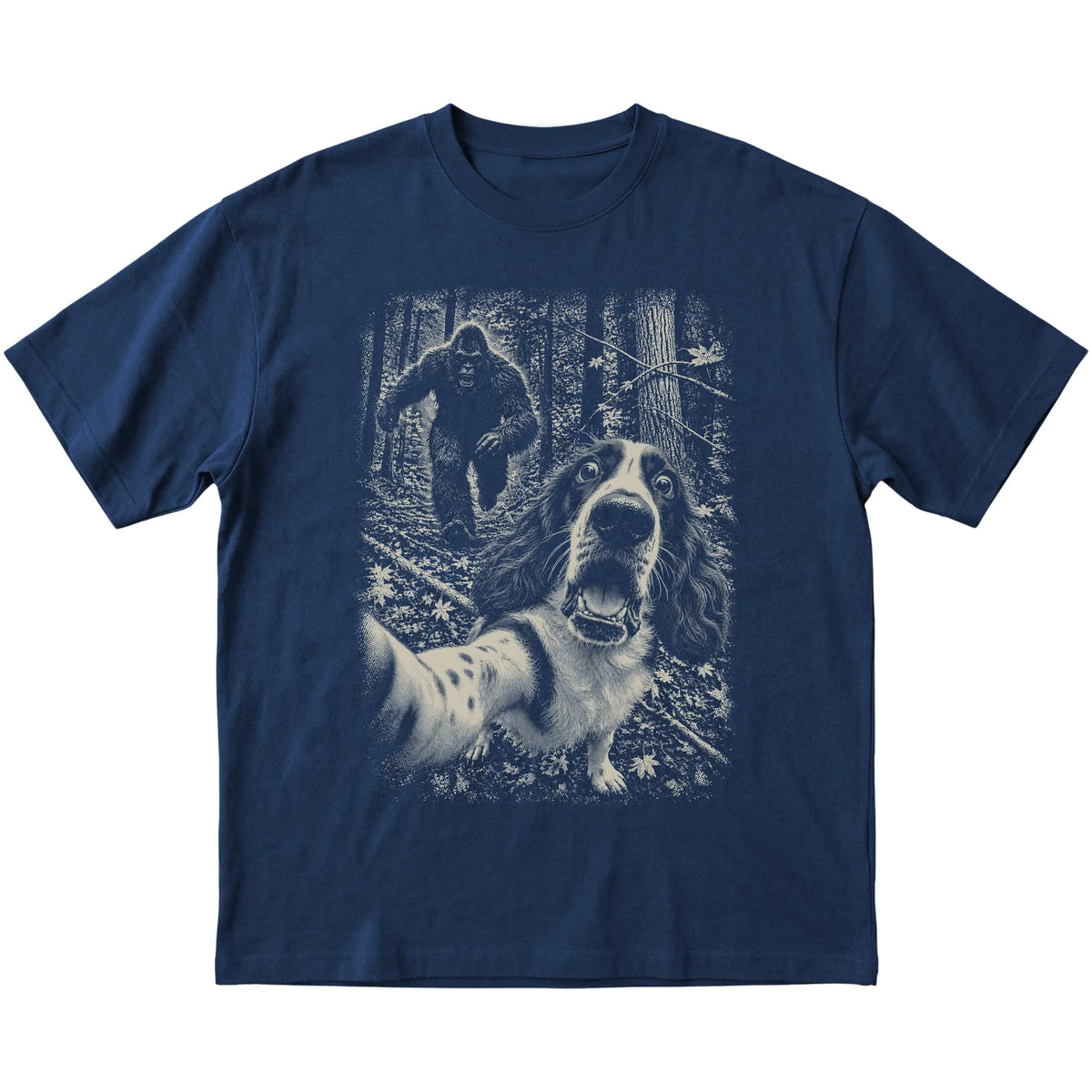 Navy Springer Spaniel Bigfoot selfie T-shirt, full garment view