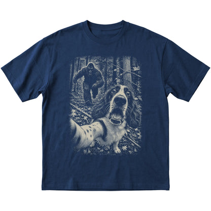 Navy Springer Spaniel Bigfoot selfie T-shirt, full garment view