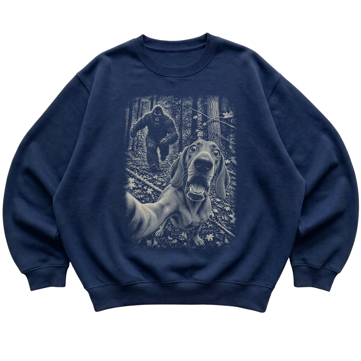 Navy Vizsla Bigfoot selfie sweatshirt, full garment view