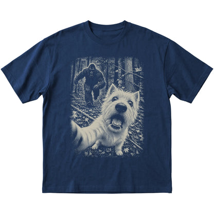 Navy Westie Bigfoot selfie T-shirt, full garment view
