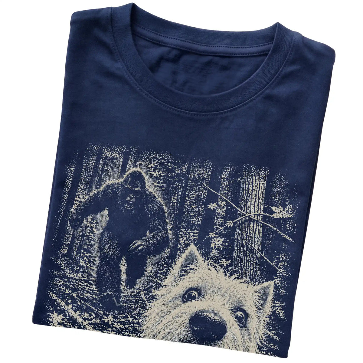 Navy Westie Bigfoot selfie T-shirt, close-up view