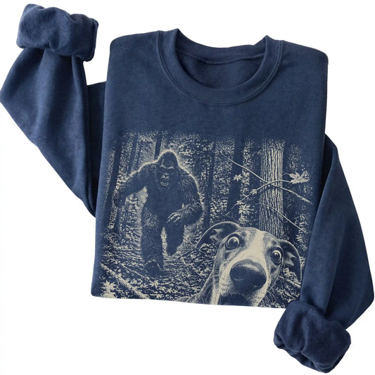 Navy Whippet Bigfoot selfie sweatshirt, close-up view