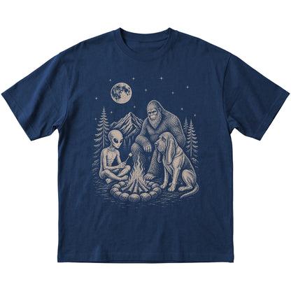Navy Bloodhound Camping with Bigfoot and Alien shirt laid flat