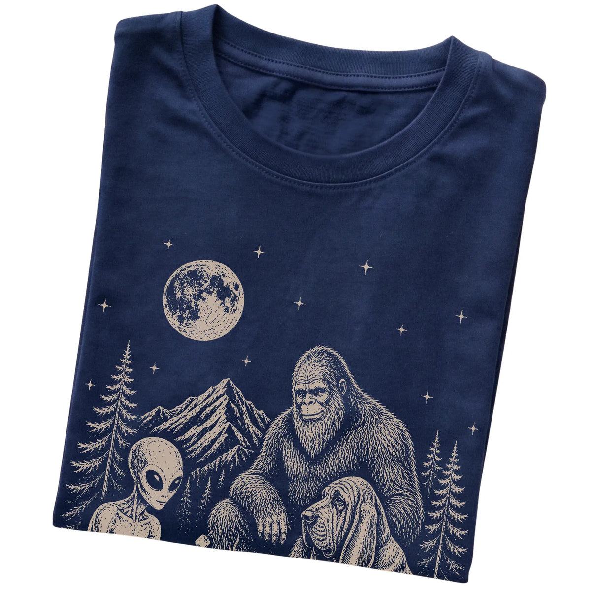 Navy Bloodhound Camping with Bigfoot and Alien folded detail view
