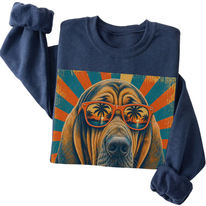 Folded Navy crewneck sweatshirt with a Retro Bloodhound Dad design