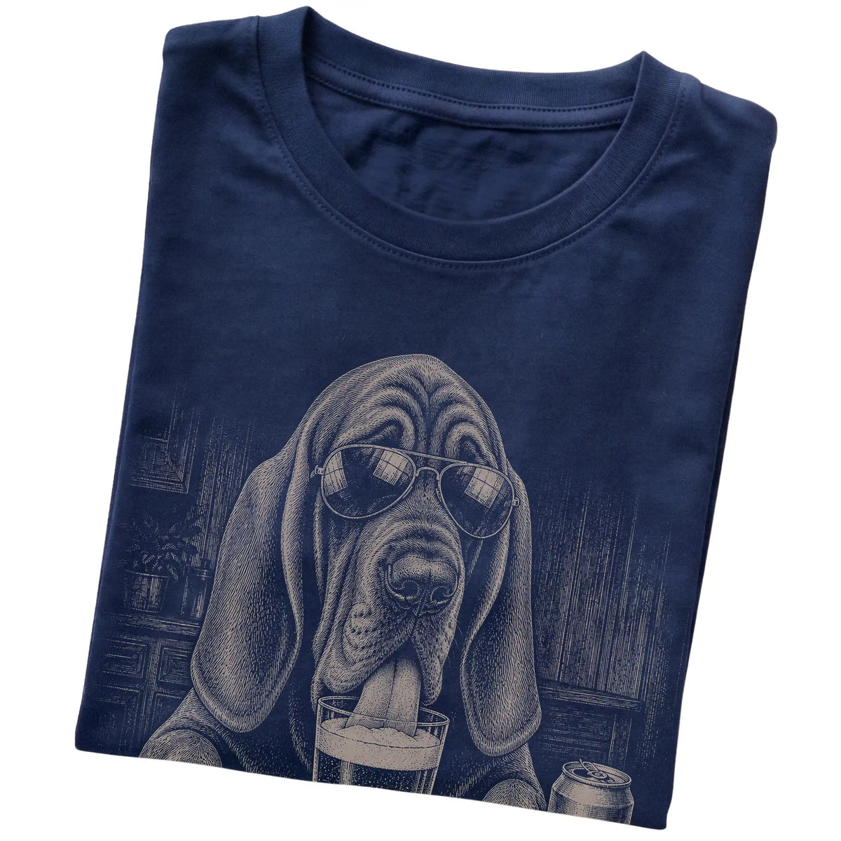 Navy Bloodhound drinking from a pint at a bar, folded detail view