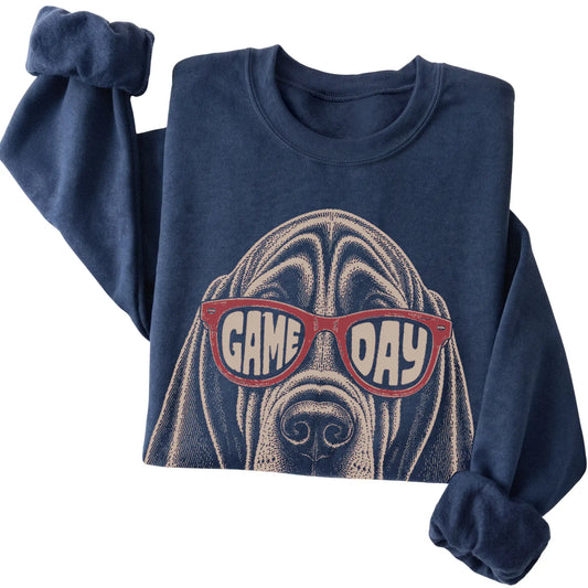 Navy Bloodhound Game Day Sunglasses sweatshirt, folded