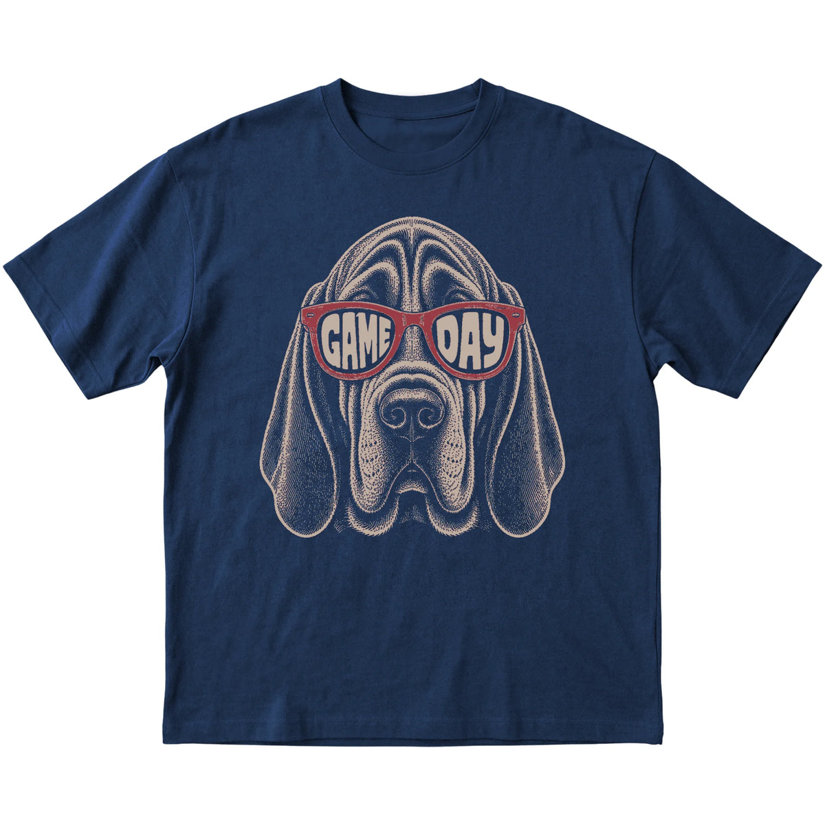 Navy Bloodhound Game Day Sunglasses T-shirt, laid flat