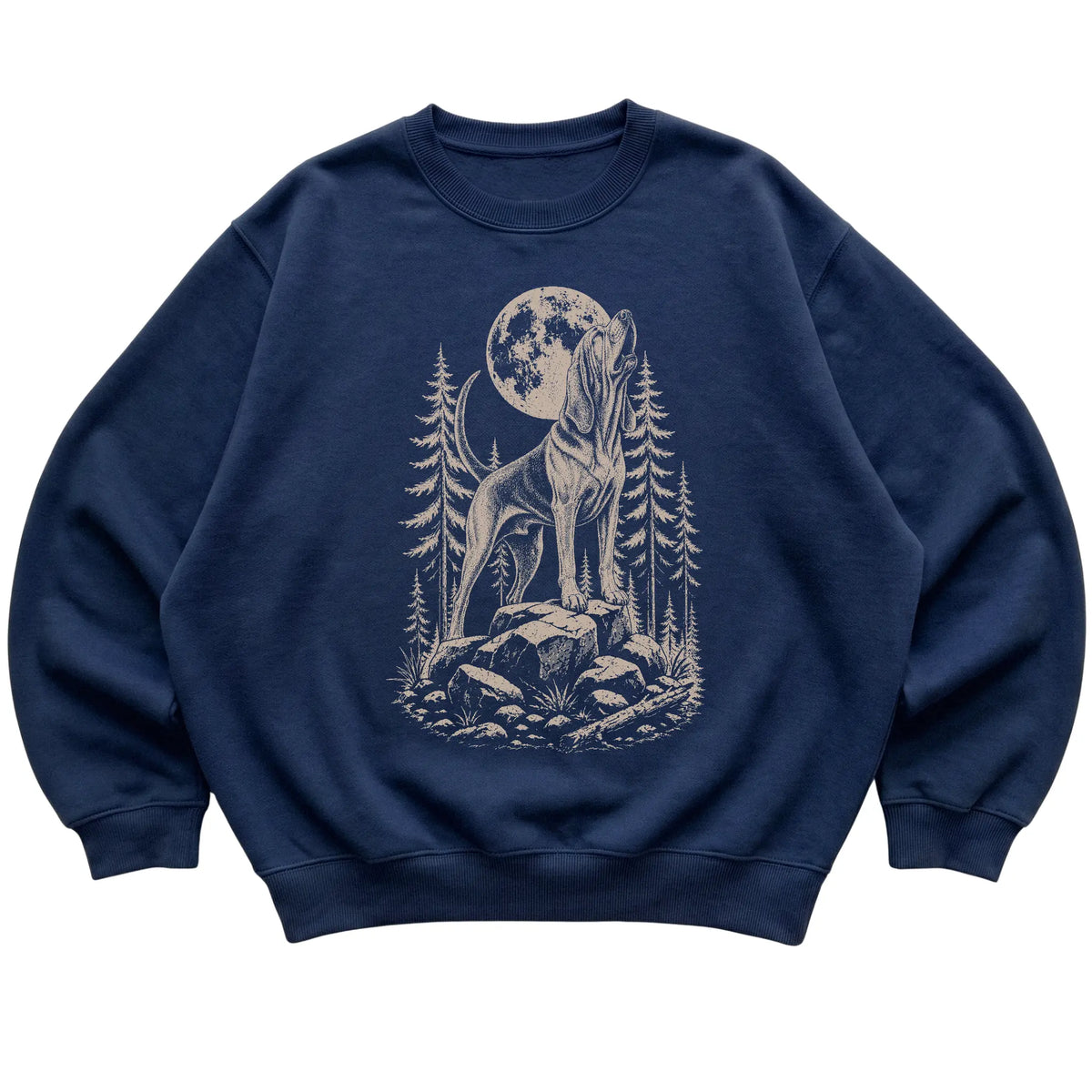 Close view of Bloodhound Howling at the Moon artwork on Navy crewneck sweatshirt