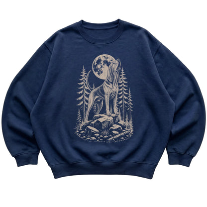 Close view of Bloodhound Howling at the Moon artwork on Navy crewneck sweatshirt