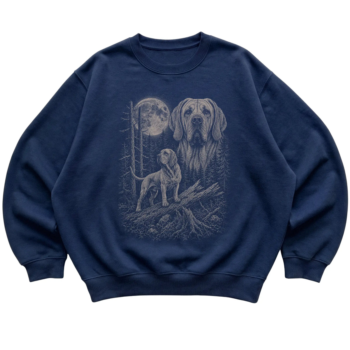 Bloodhound Moonlit Forest graphic on a navy crewneck sweatshirt laid flat