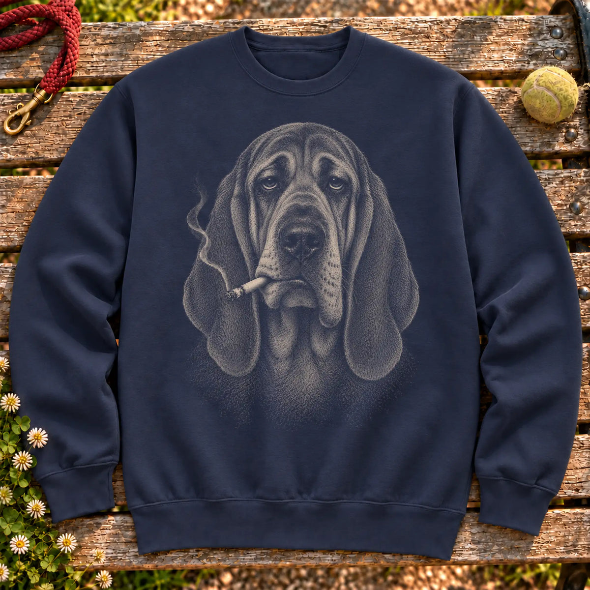 Bloodhound smoking design on a Navy sweatshirt