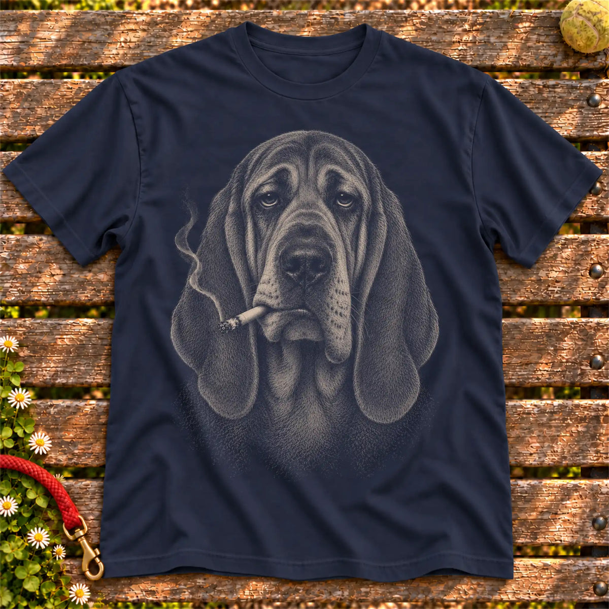 Bloodhound smoking design on a Navy t-shirt