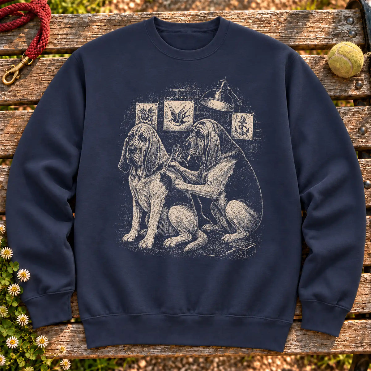 Bloodhound Tattoo on a Navy crewneck sweatshirt, shown flat