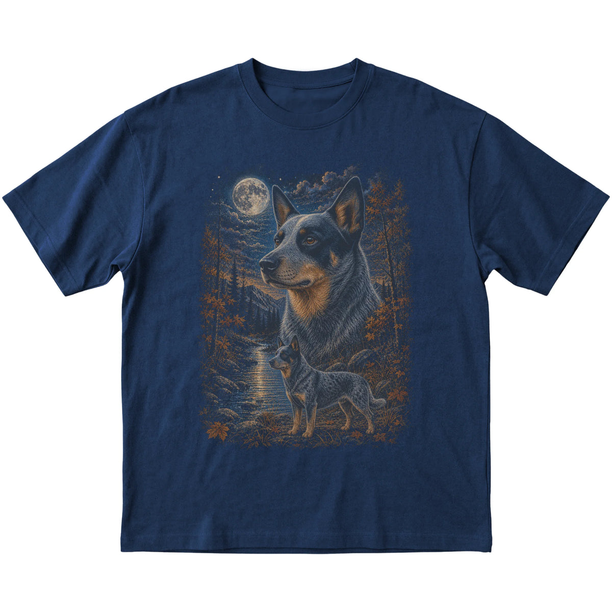 navy T-shirt with Blue Heeler Autumn Moon artwork.