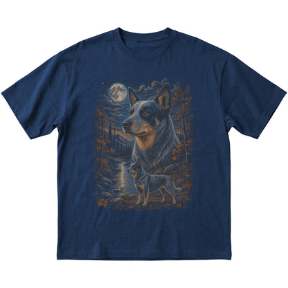 navy T-shirt with Blue Heeler Autumn Moon artwork.