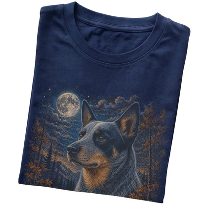 Folded navy T-shirt with Blue Heeler Autumn Moon artwork.