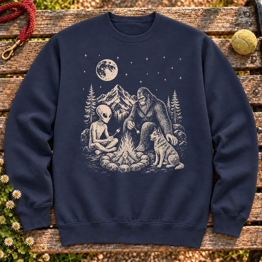 Blue Heeler Camping with Bigfoot and Alien on a Navy crewneck sweatshirt, shown flat