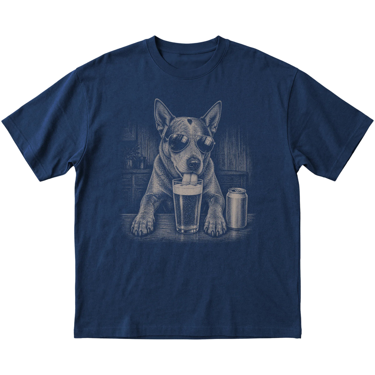 Navy Blue Heeler drinking from a pint at a bar, laid flat