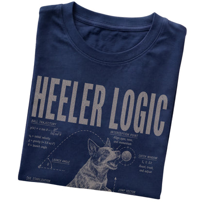 Navy Softstyle T-shirt featuring a Blue Heeler Logic design — folded detail