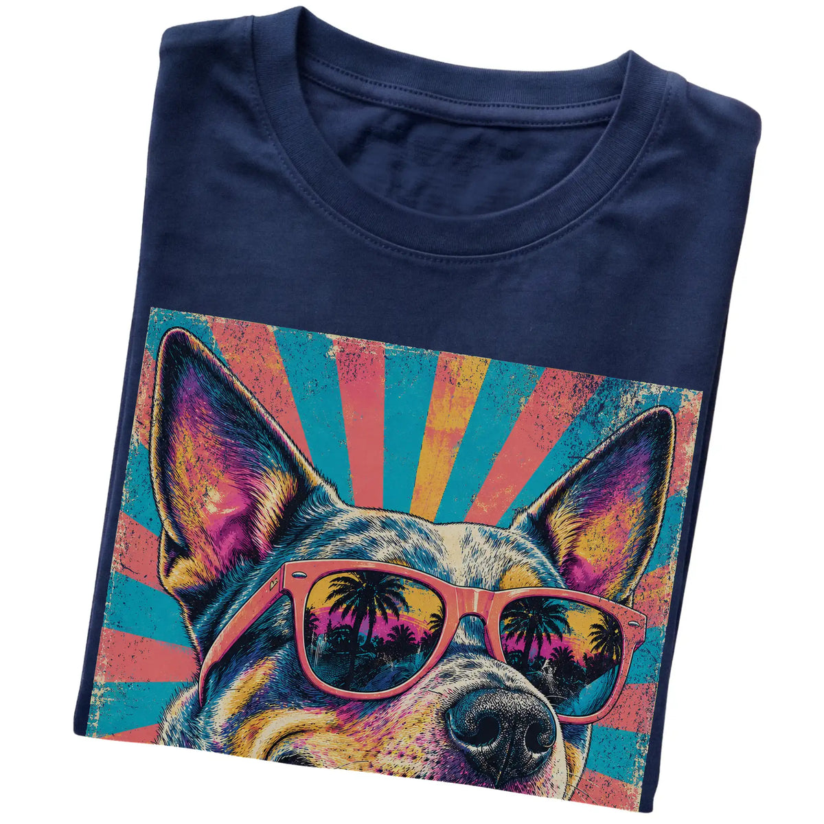 Folded Navy softstyle T-shirt with a Retro Blue Heeler Mama design