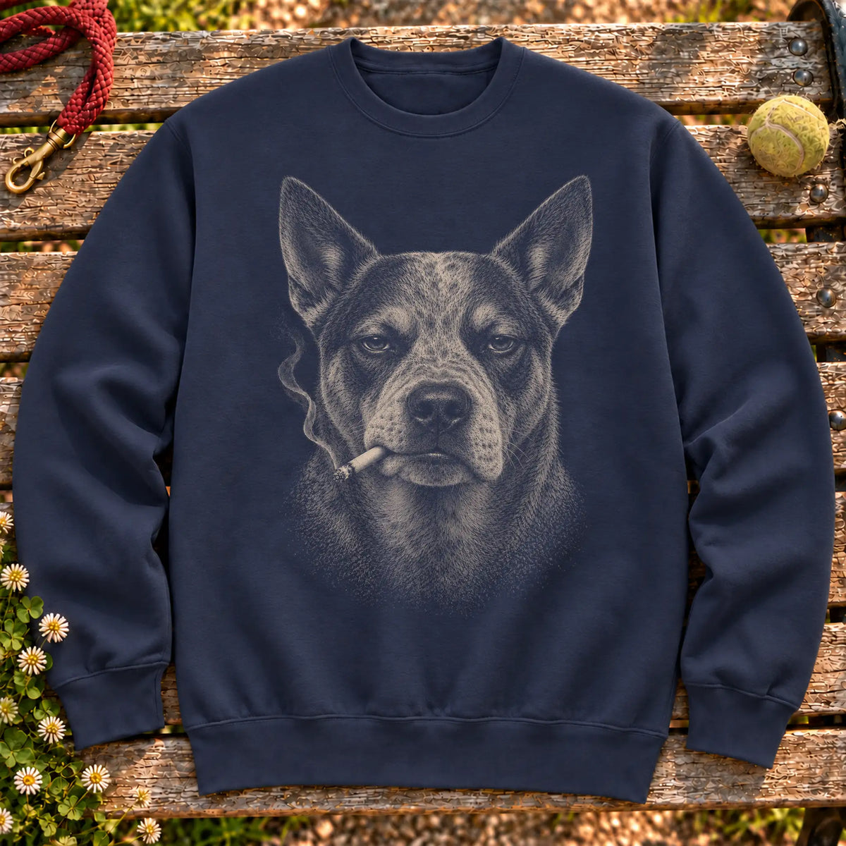 Blue Heeler smoking design on a Navy sweatshirt