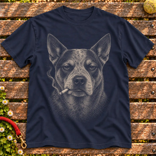 Blue Heeler smoking design on a Navy t-shirt