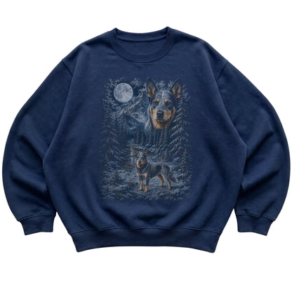 navy sweatshirt with Blue Heeler Winter Moon artwork.