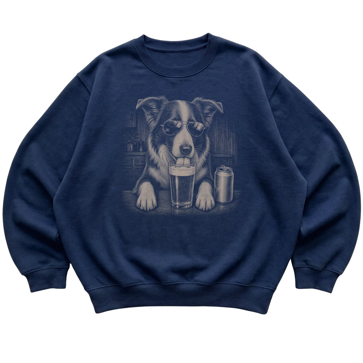 Navy Border Collie drinking from a pint at a bar, laid flat