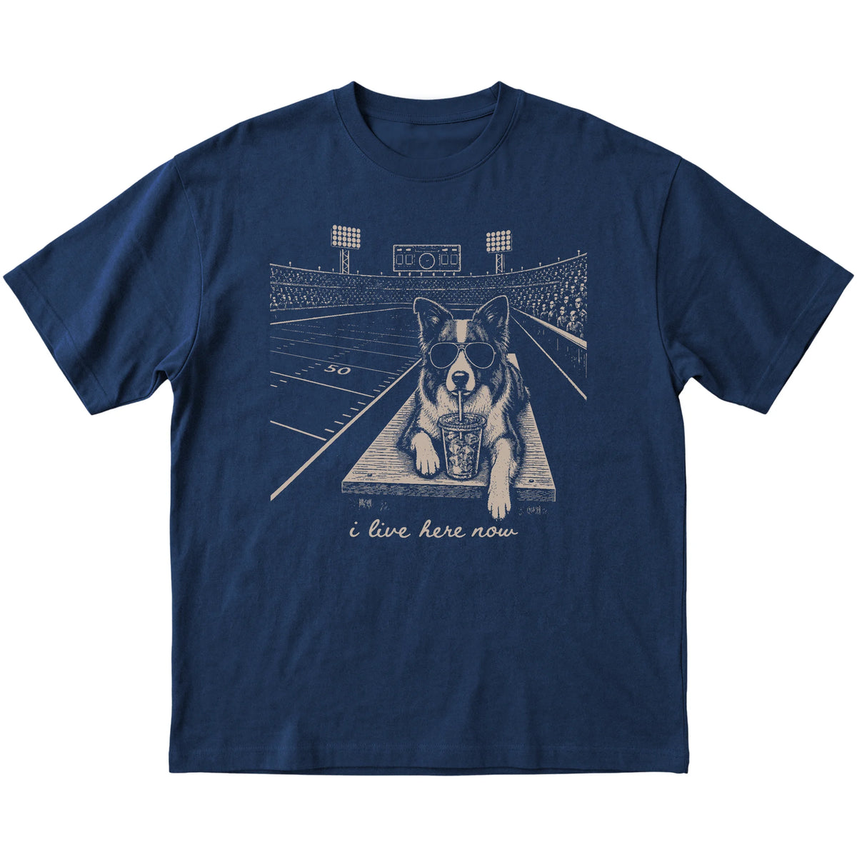 Navy Border Collie Football Tailgate T-shirt, laid flat