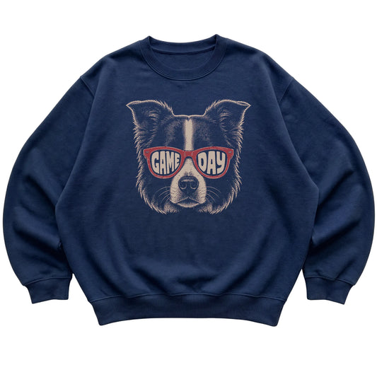 Navy Border Collie Game Day Sunglasses sweatshirt, laid flat