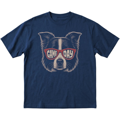 Navy Border Collie Game Day Sunglasses T-shirt, laid flat
