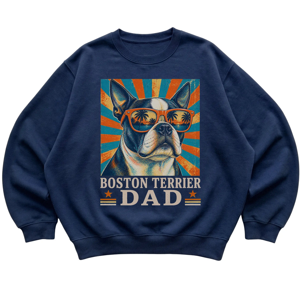 Retro Boston Terrier Dad design on a Navy crewneck sweatshirt