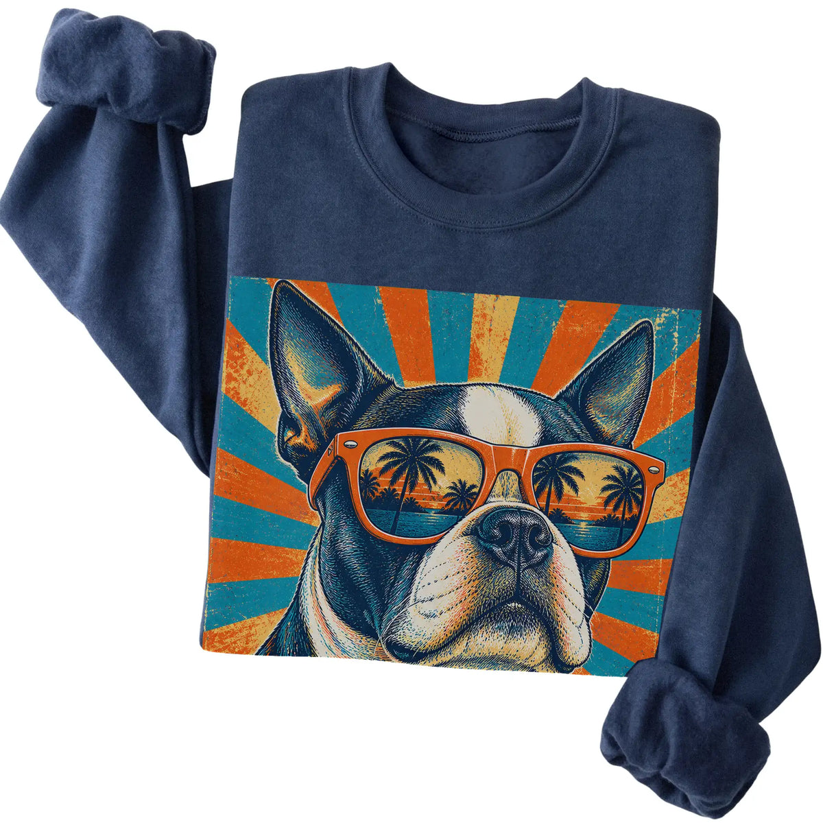 Folded Navy crewneck sweatshirt with a Retro Boston Terrier Dad design