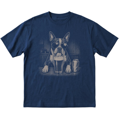 Navy Boston Terrier drinking from a pint at a bar, laid flat