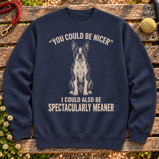 Boston Terrier Guard Dog on a Navy crewneck sweatshirt, shown flat