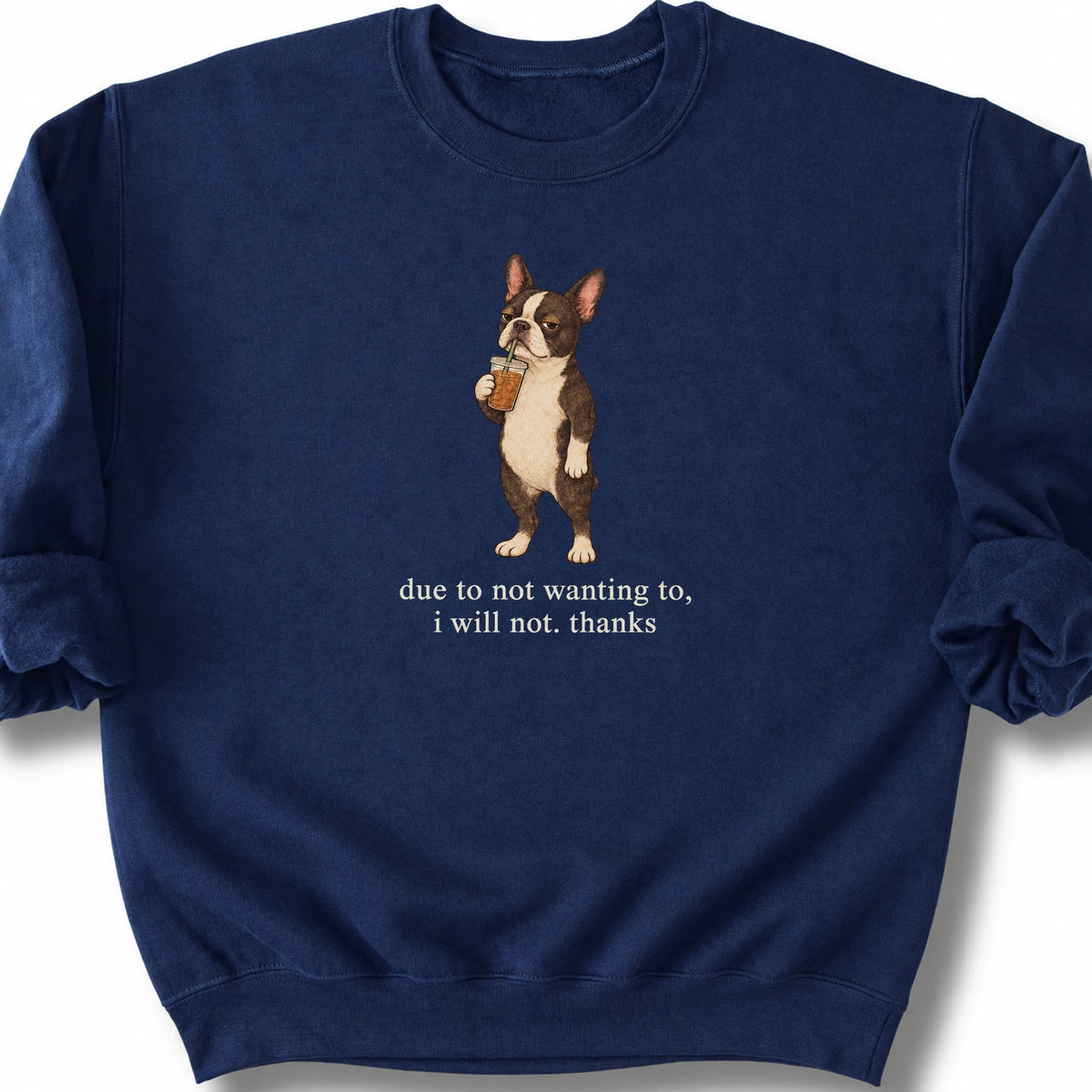 Boston Terrier I Will Not design with iced coffee on a navy sweatshirt