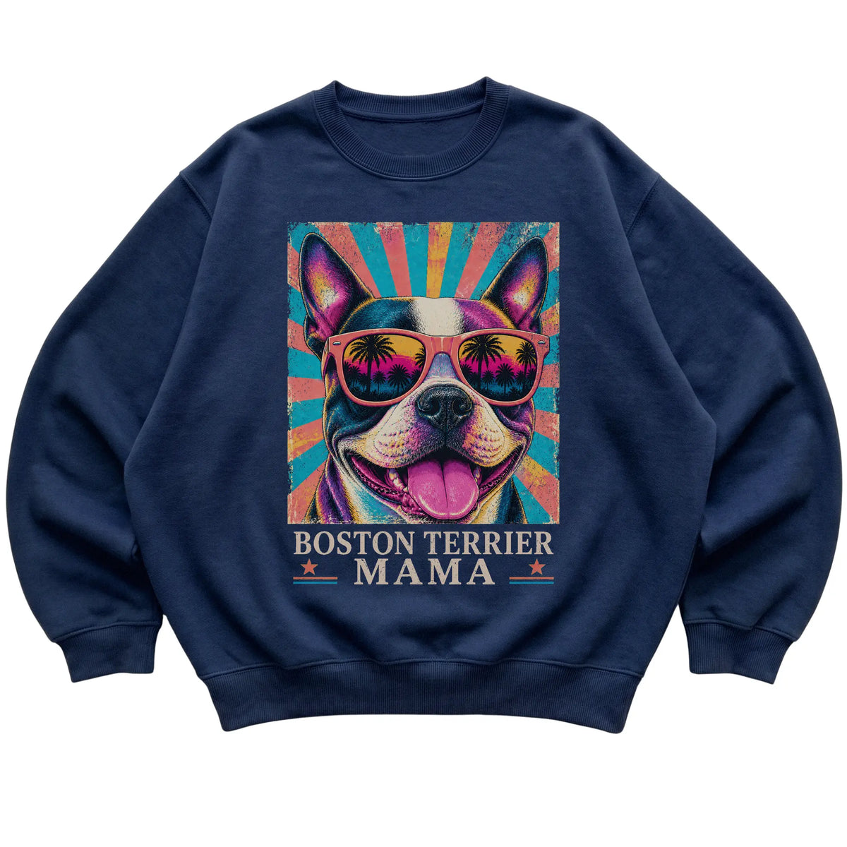 Retro Boston Terrier Mama design on a Navy crewneck sweatshirt