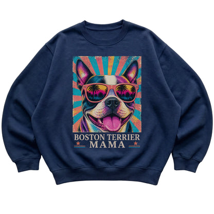Retro Boston Terrier Mama design on a Navy crewneck sweatshirt