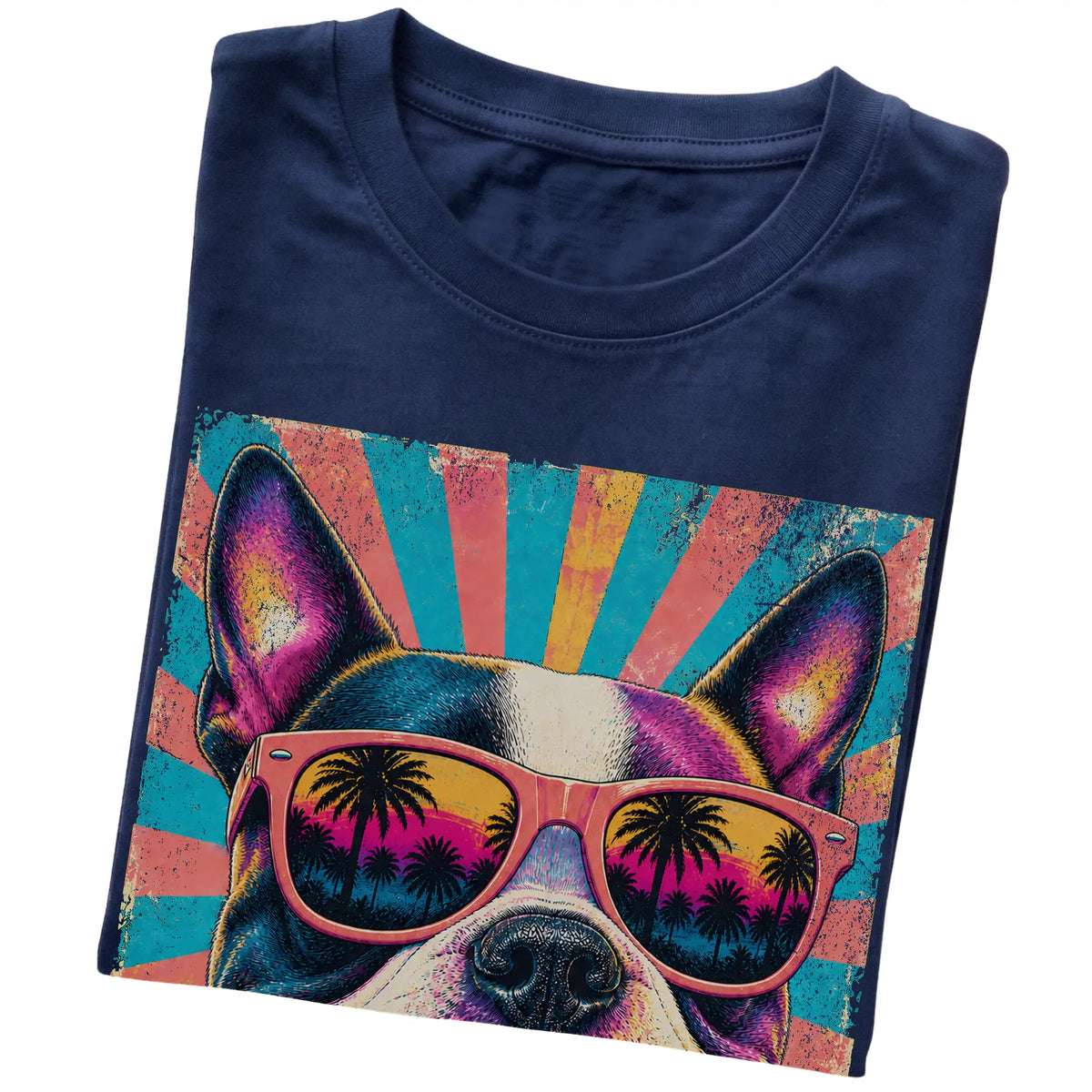 Folded Navy softstyle T-shirt with a Retro Boston Terrier Mama design