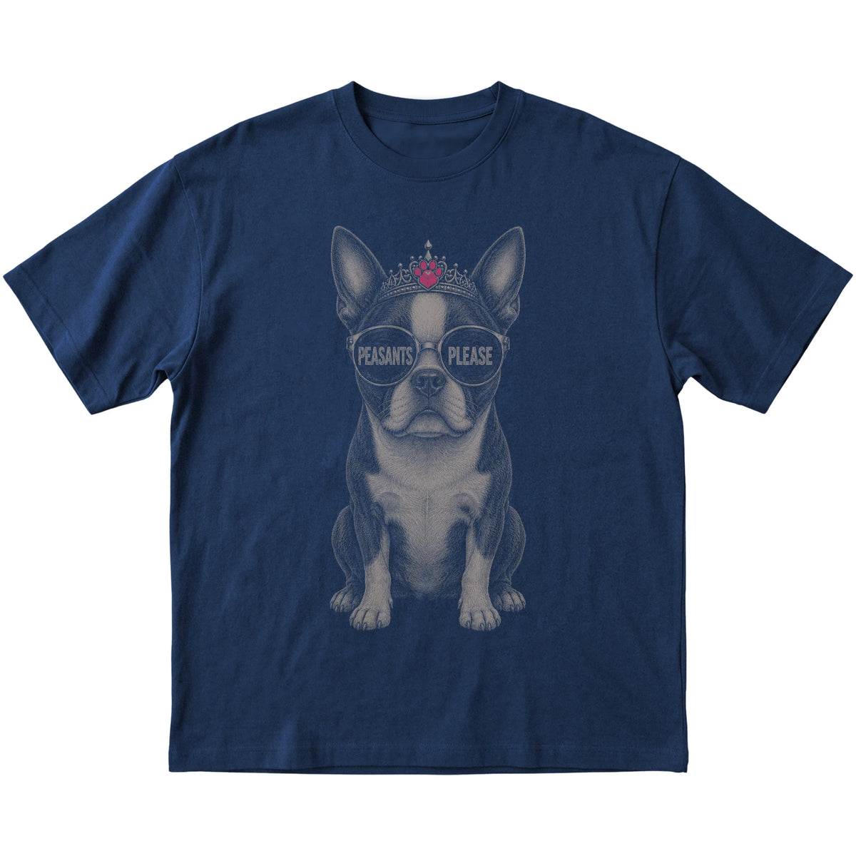 Navy Boston Terrier Peasants Please T-Shirt laid flat