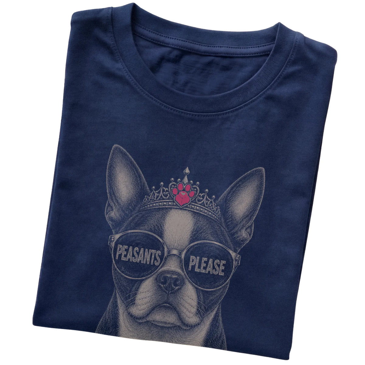 Navy Boston Terrier Peasants Please T-Shirt folded detail