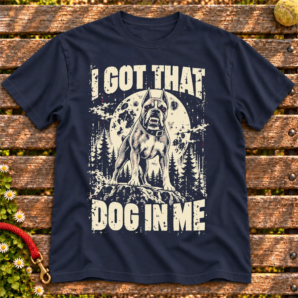 Navy Boxer I Got That Dog in Me T-shirt, full garment view