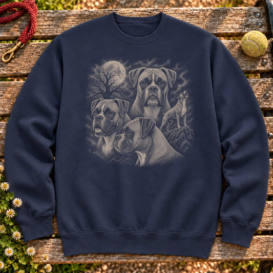 Boxer 90s Moon design on a Navy crewneck sweatshirt shown flat